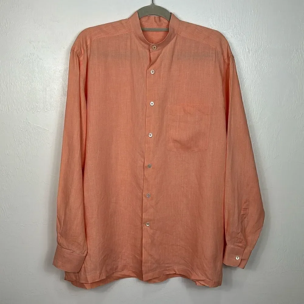 Sartorial Long Sleeve Banded Collar Button Down Shirt In Orange Size XL
